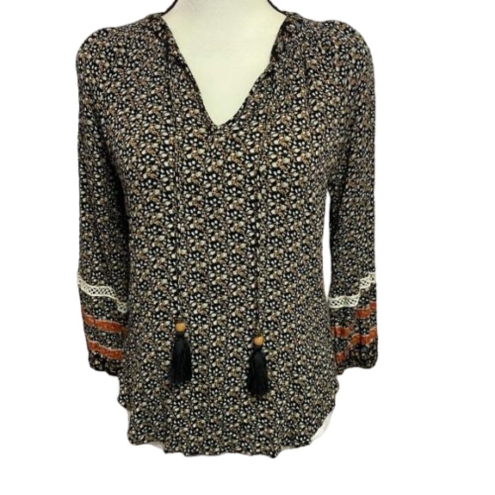 Mason & Belle Floral Black & Gold Lightweight Top Size M # 1325